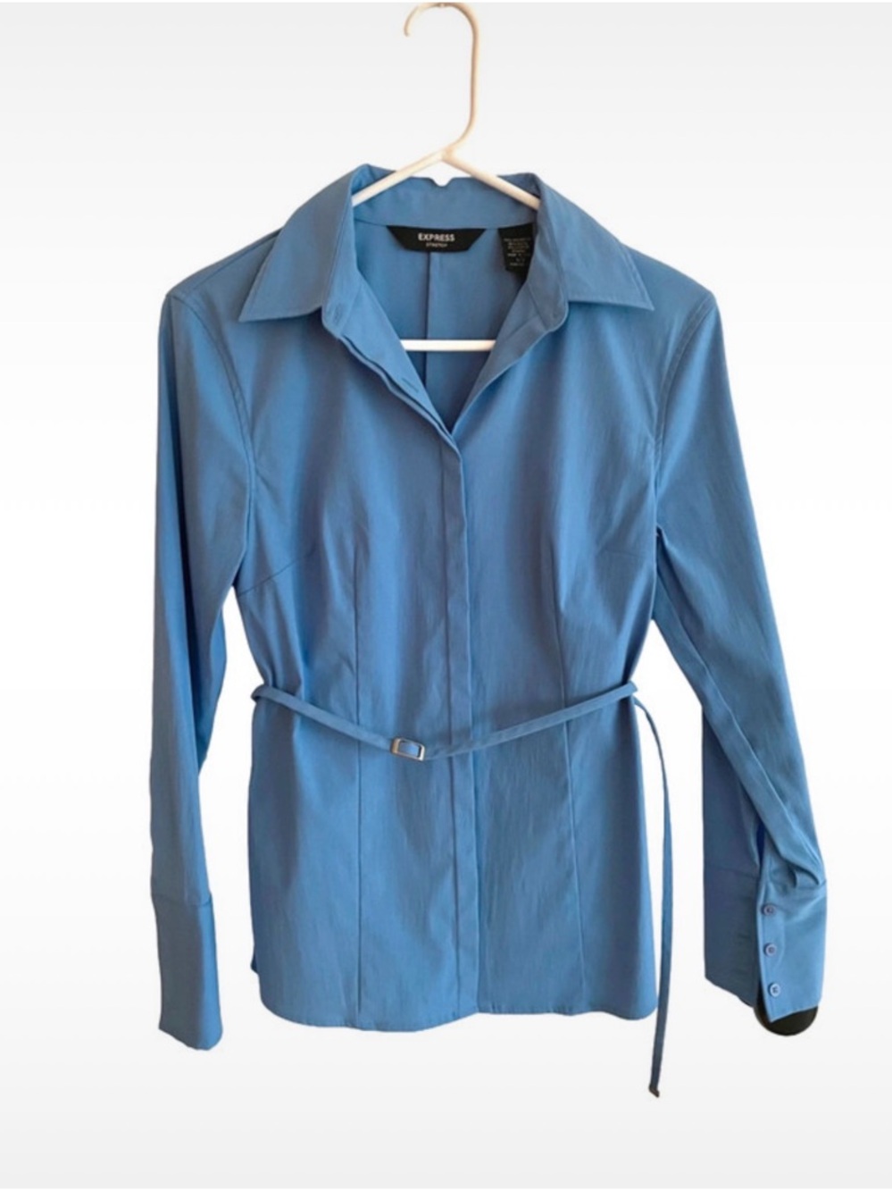 Vintage Express Blue Belted Button‑Down Blouse